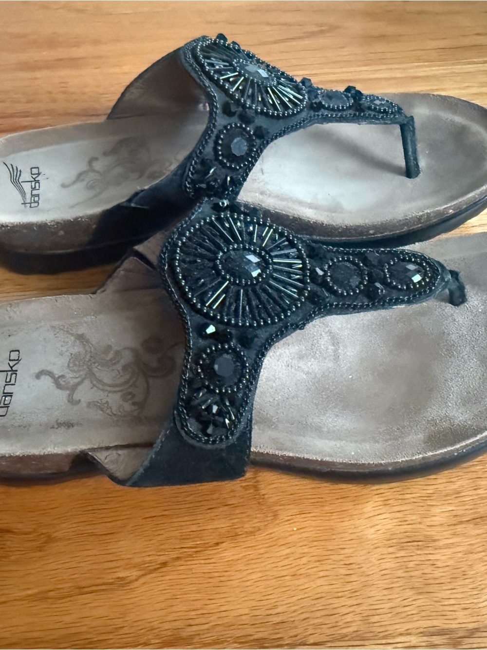 Dansko Black Beaded Thong Sandals with Embellished Upper